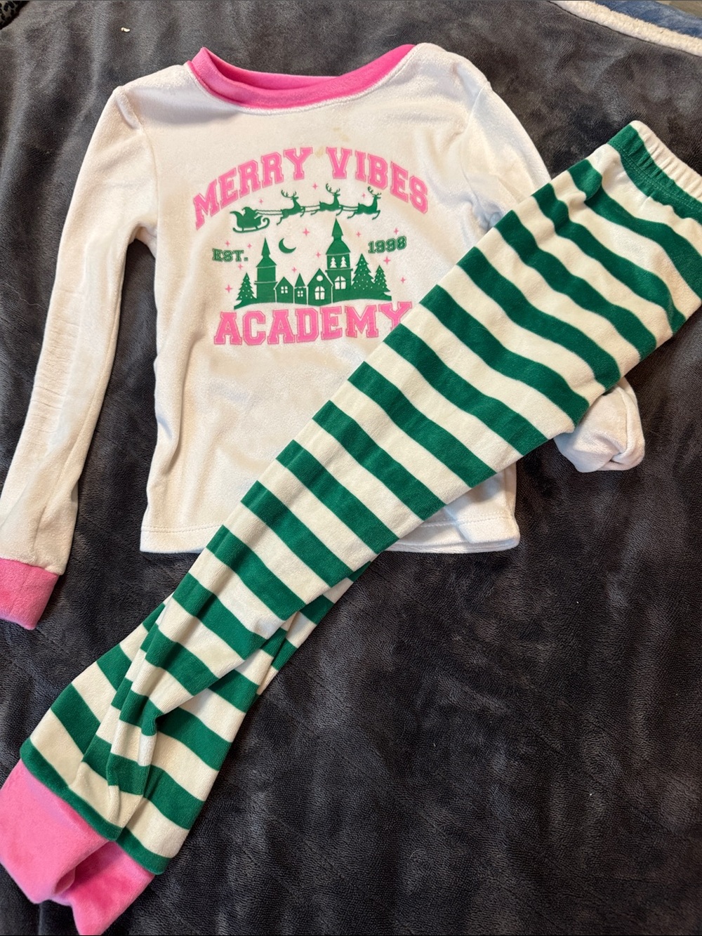 Vibe White Top with Pink Trim & Green Striped Pajama Set